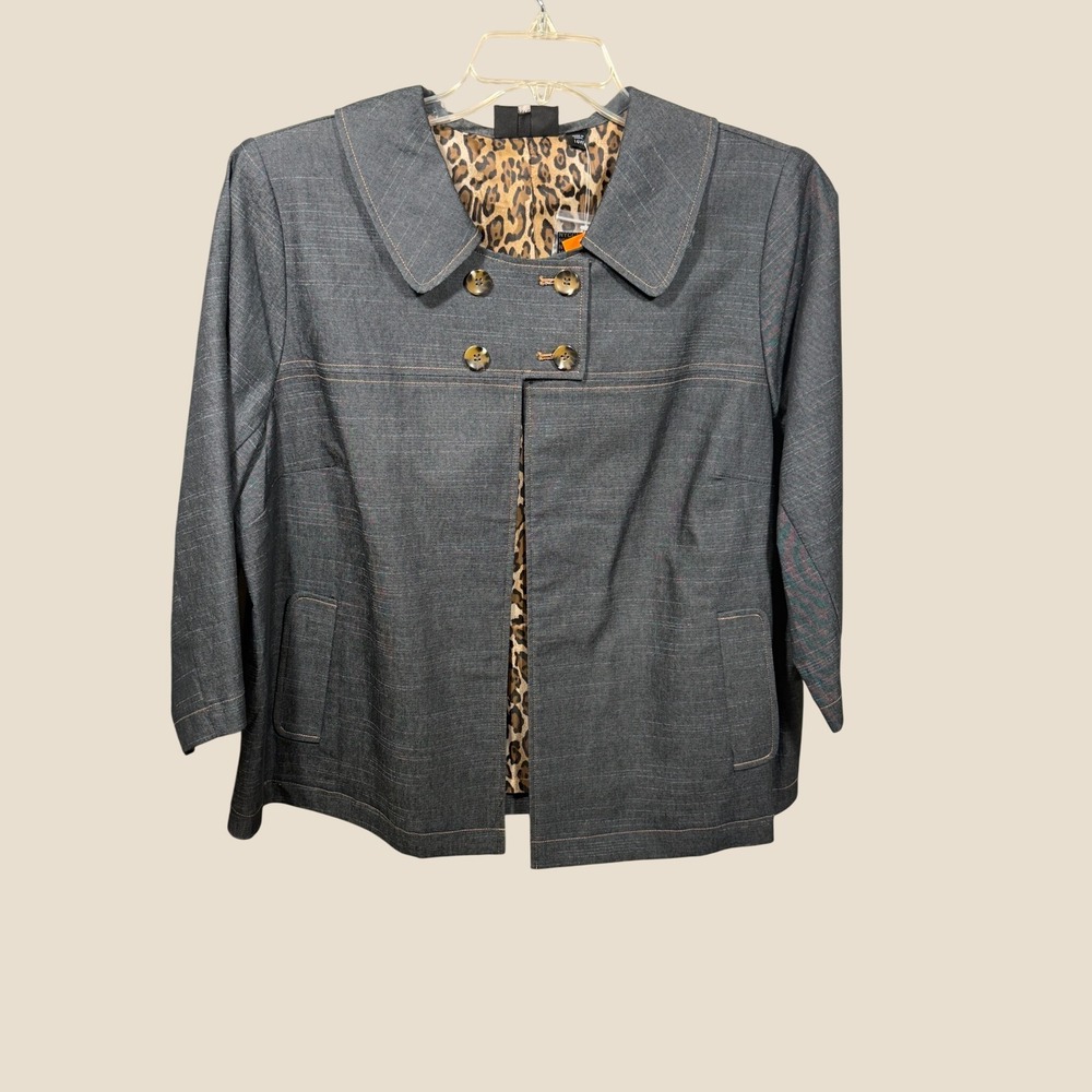 NYCC Grey Cropped Blazer Jacket Leopard Lining Peter Pan Collar 16W NWT